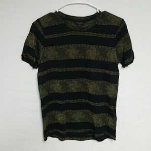 Lucky Brand black tee with metallic gold pattern